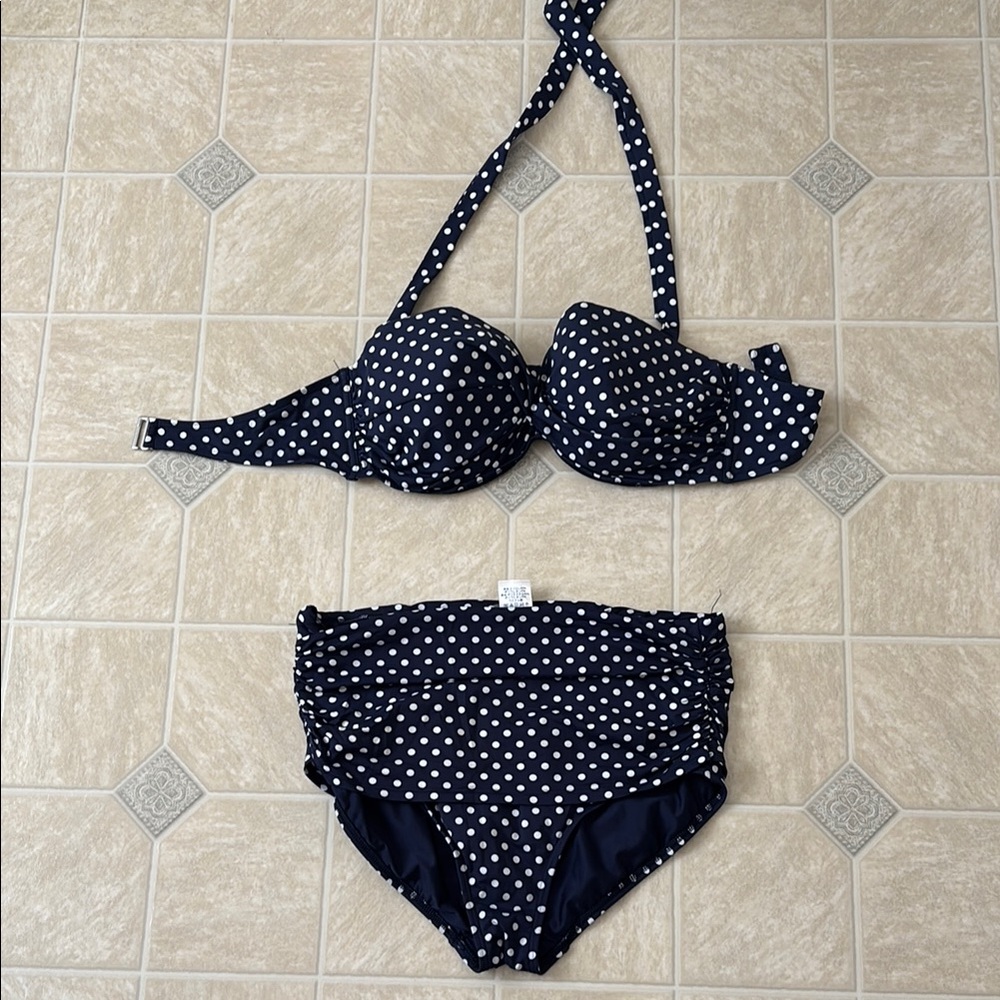 Lands' End pin up Navy Blue and White Polka Dot Bikini Set